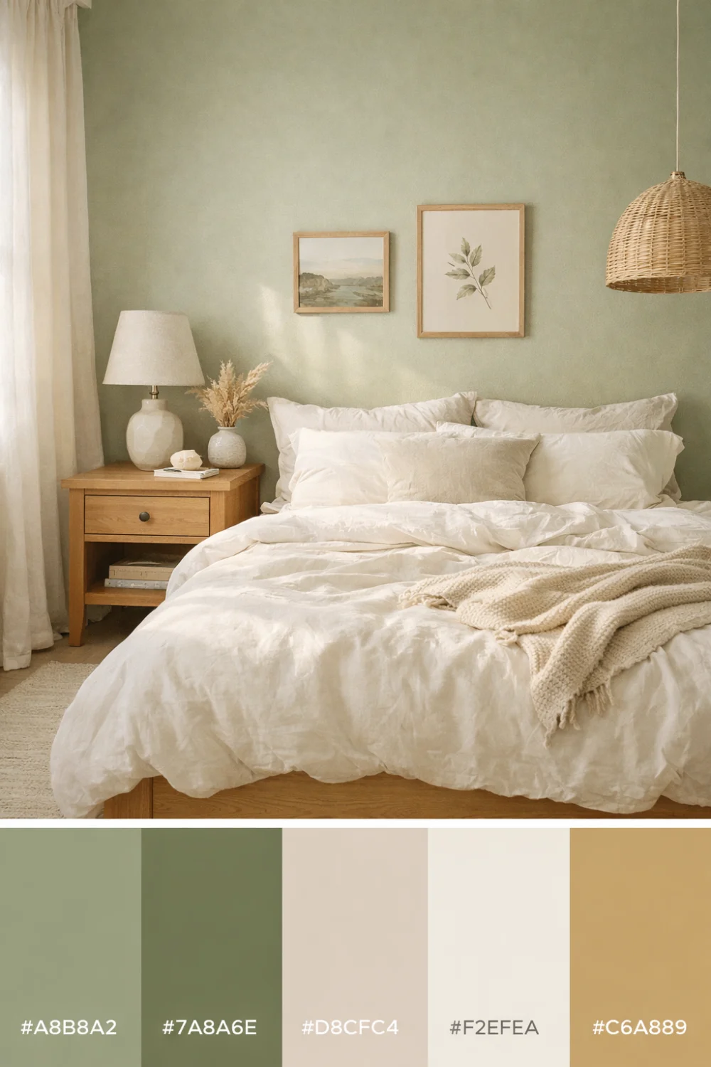 soft sage green bedroom color palette with beige cream and natural wood modern calming bedroom design