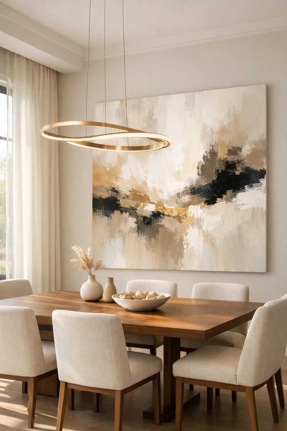 modern dining room wall decor with oversized abstract canvas neutral beige tones luxury minimalist dining space