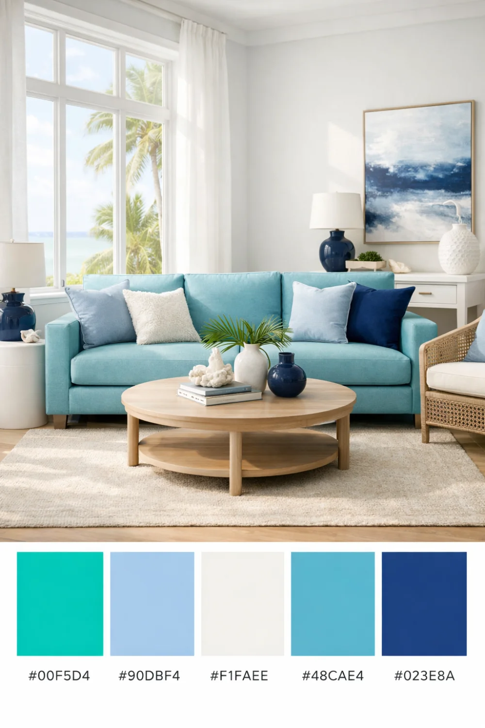 tropical lagoon ocean color palette living room coastal interior aqua blue sofa beach house decor inspiration