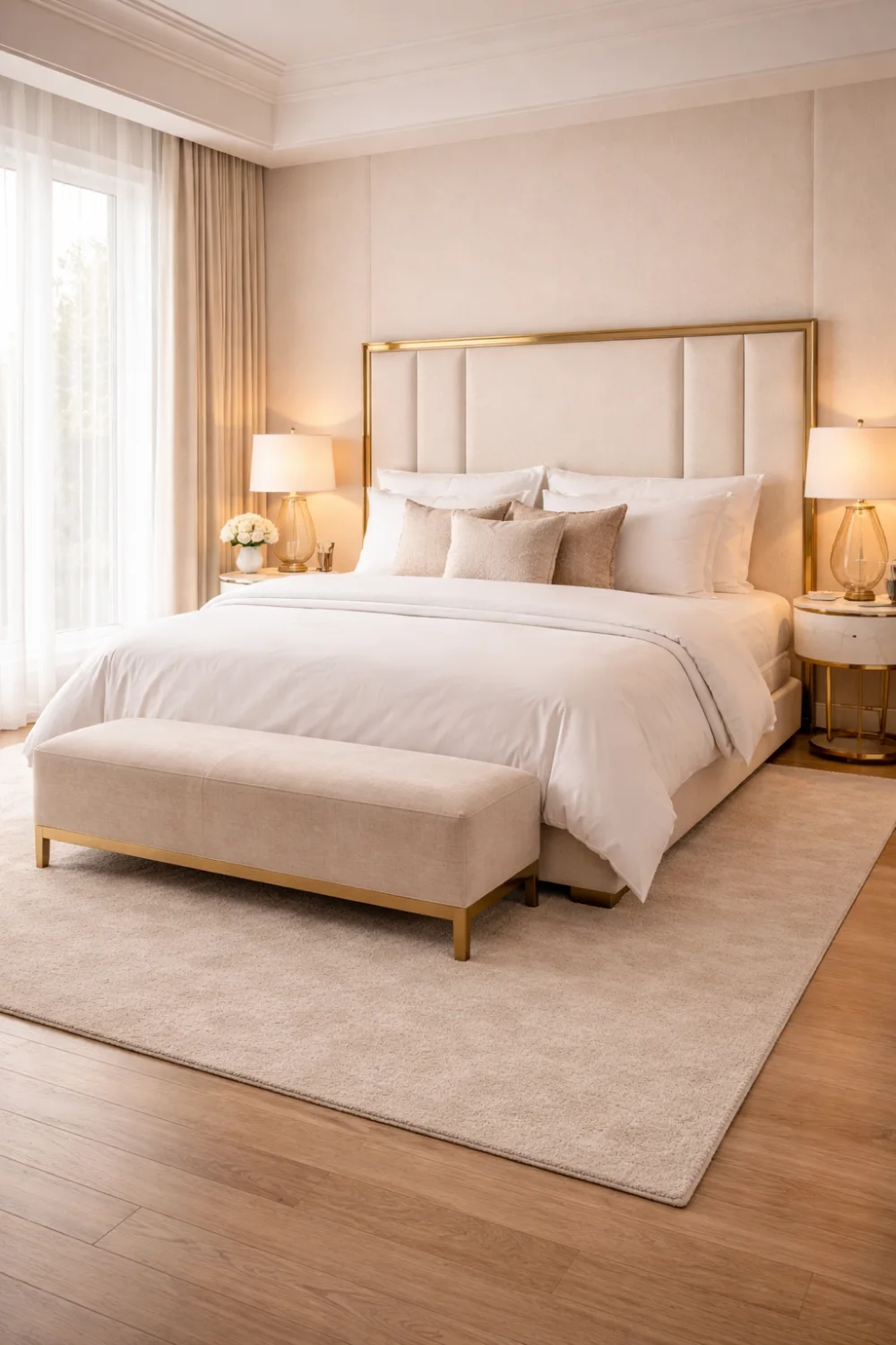 neutral hotel style bedroom with beige tones luxury bedding upholstered headboard modern luxury bedroom decor inspiration