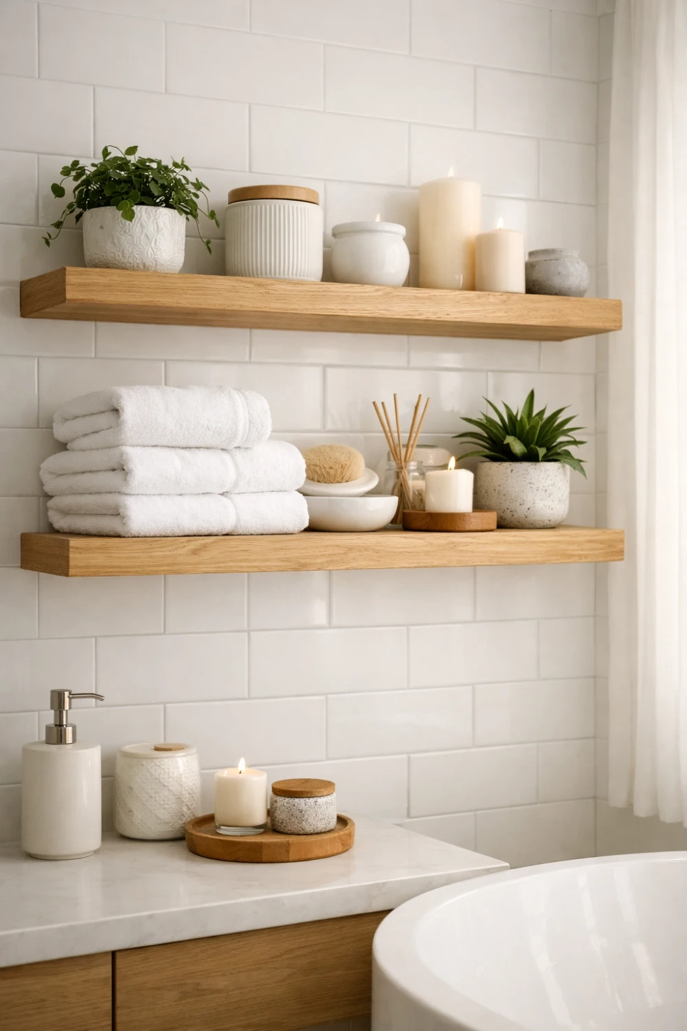 floating wooden shelves bathroom wall decor with white subway tiles, folded towels, candles and plants minimalist spa style bathroom design