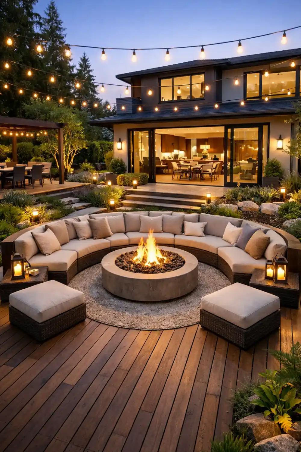 modern backyard fire pit lounge outdoor living space with curved sectional seating, concrete fire pit table, warm string lights and luxury backyard patio design
