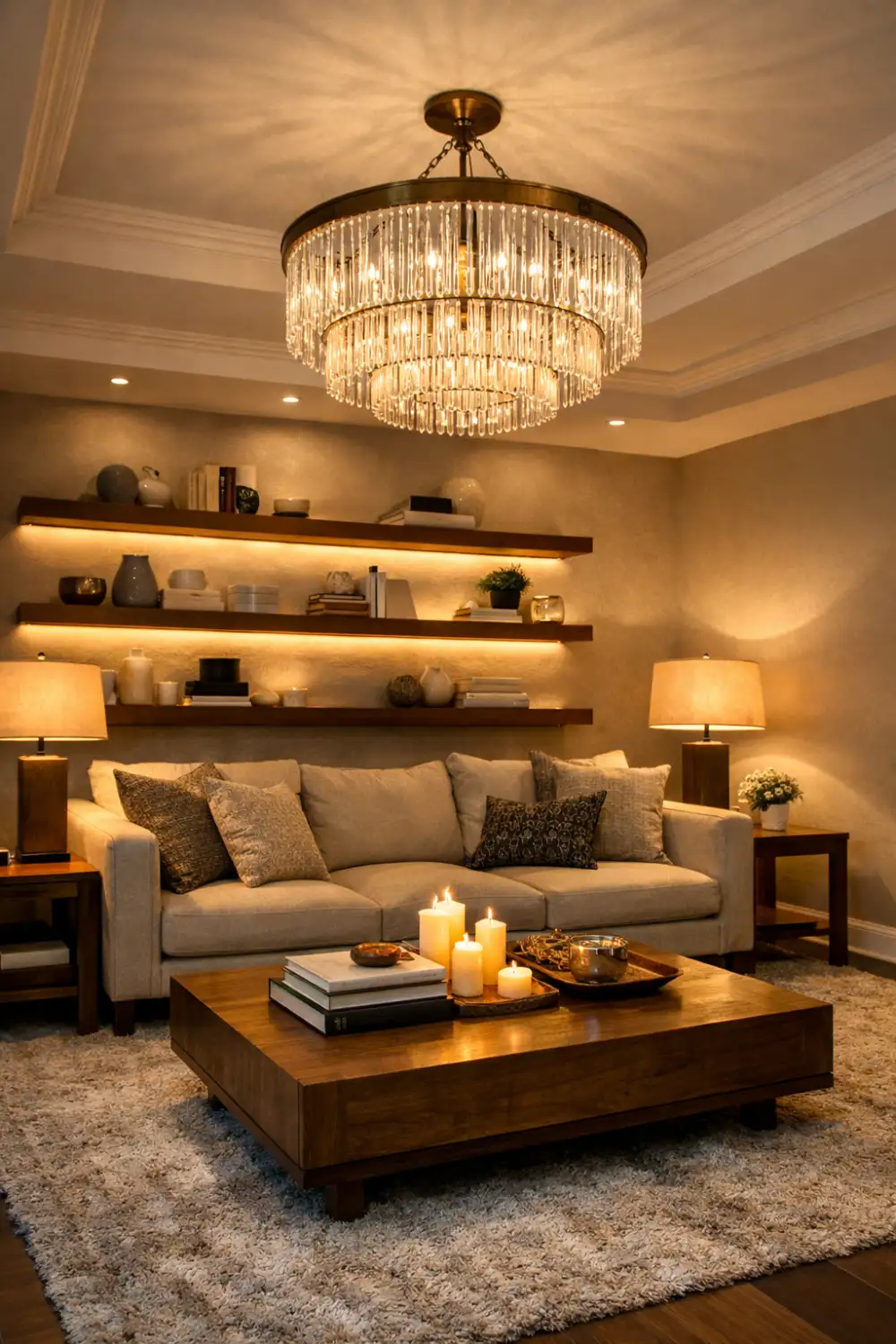 luxury living room chandelier lighting idea with layered warm lighting and floating shelves decor