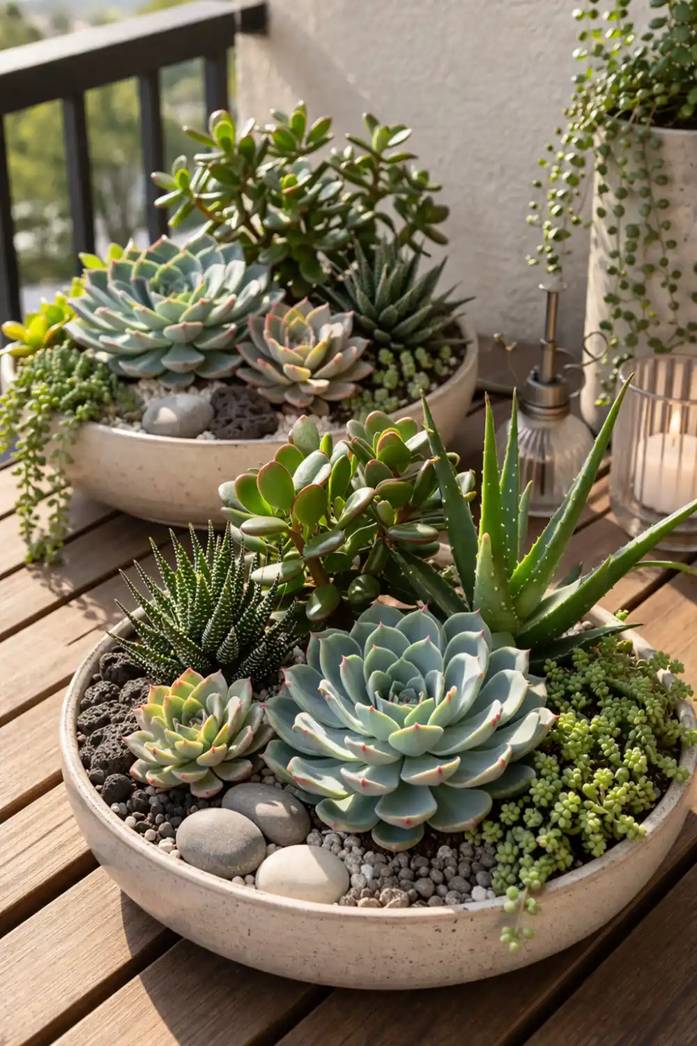 Succulent container garden on a small balcony with decorative bowl planters filled with echeveria, aloe, jade plants and pebbles creating a stylish modern balcony garden setup.