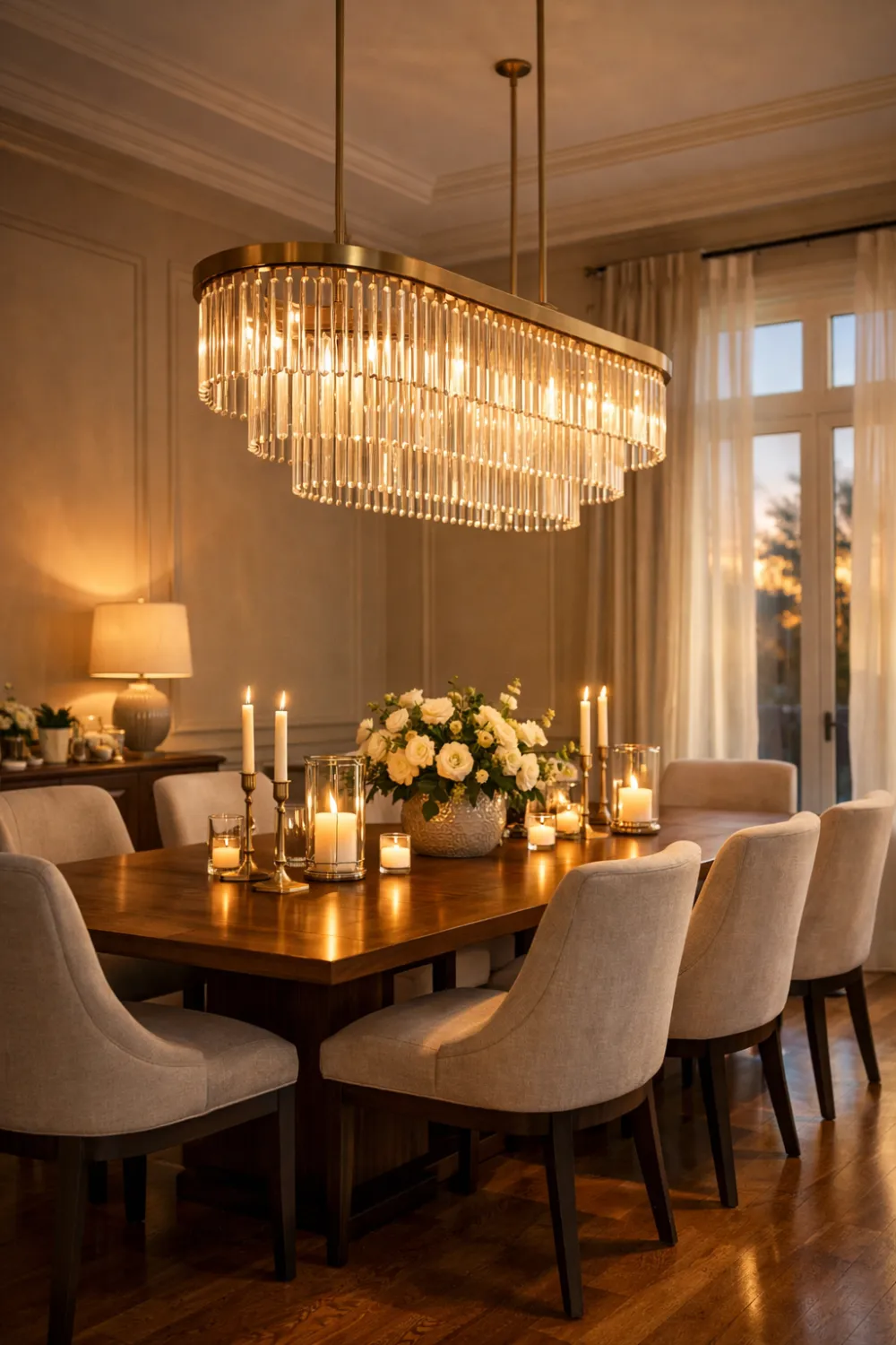 Elegant dining room with a large statement chandelier above a wooden dining table, upholstered chairs, candles, and floral centerpiece creating a warm and luxurious dining atmosphere.