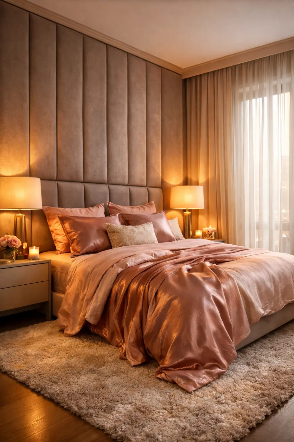 Romantic champagne gold bedroom idea for couples with soft bedding, warm lighting, and modern luxury décor