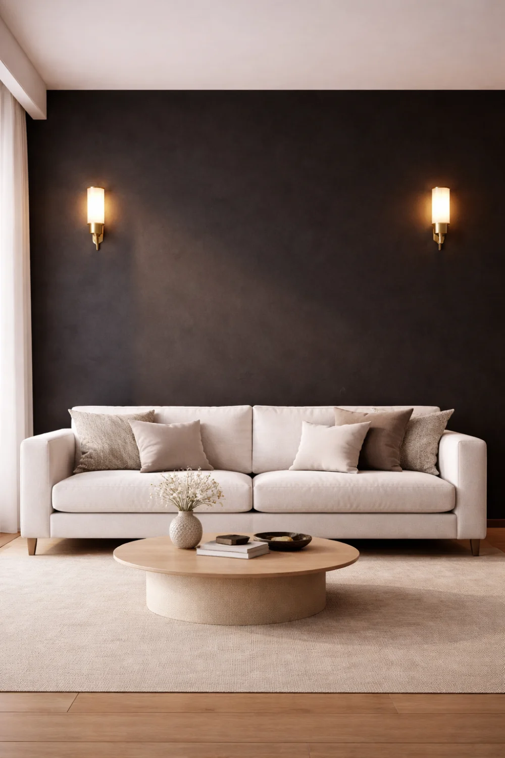 Modern living room with dark textured accent wall behind a cream sofa, warm wall sconces lighting the wall, neutral decor and minimalist contemporary interior design.