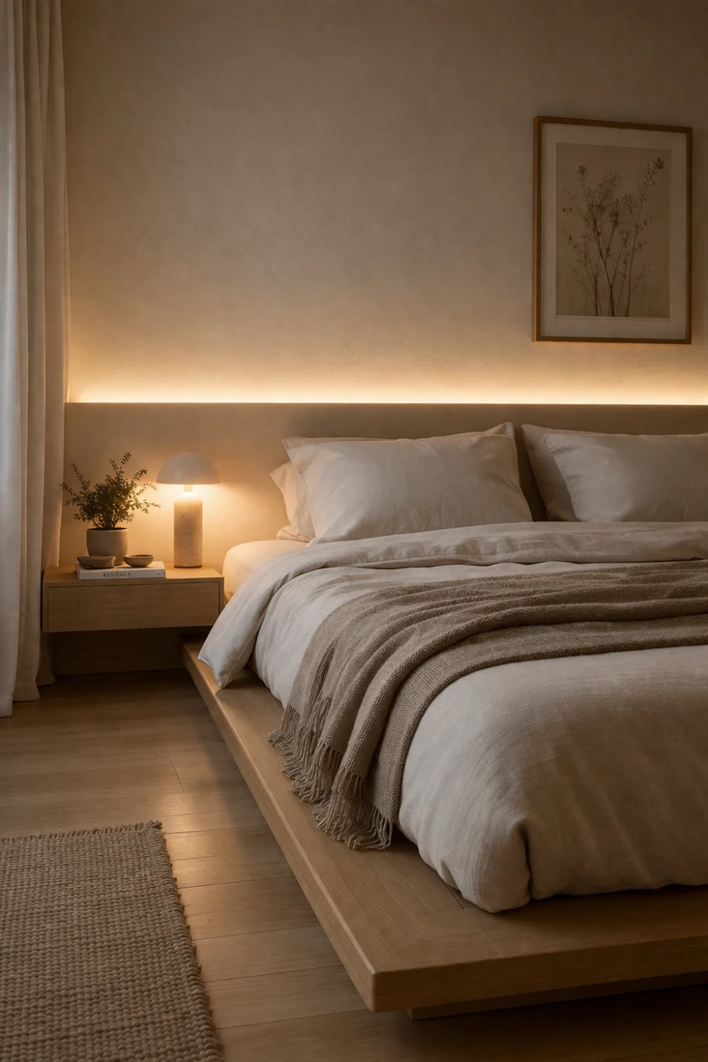 Warm LED headboard lighting behind a minimalist bed with neutral bedding and wooden furniture creating a cozy aesthetic room decor setup with soft ambient glow.