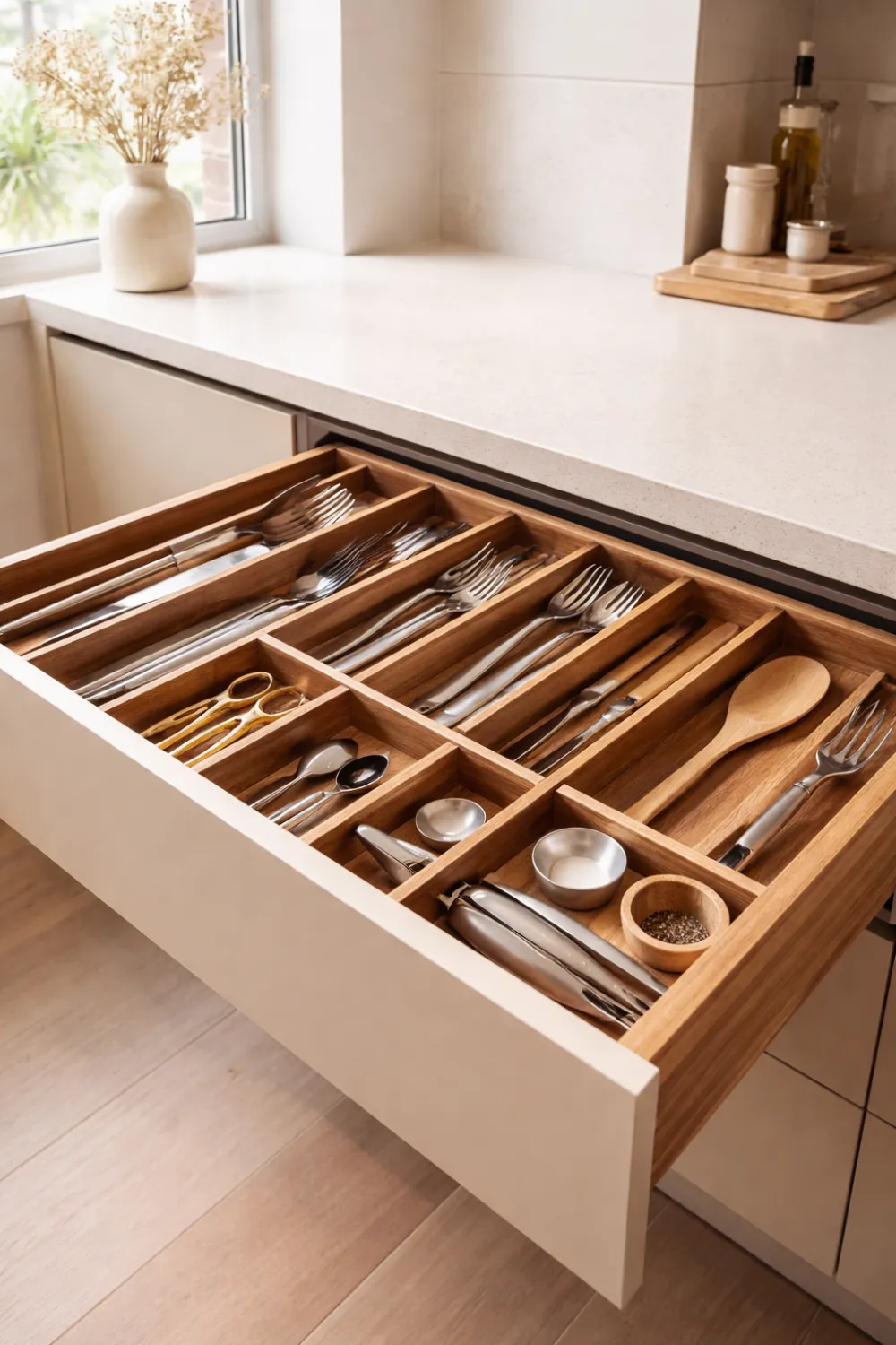 Modern kitchen drawer organizer with wooden dividers neatly storing spoons, forks, knives, and cooking utensils in a minimalist small kitchen design.