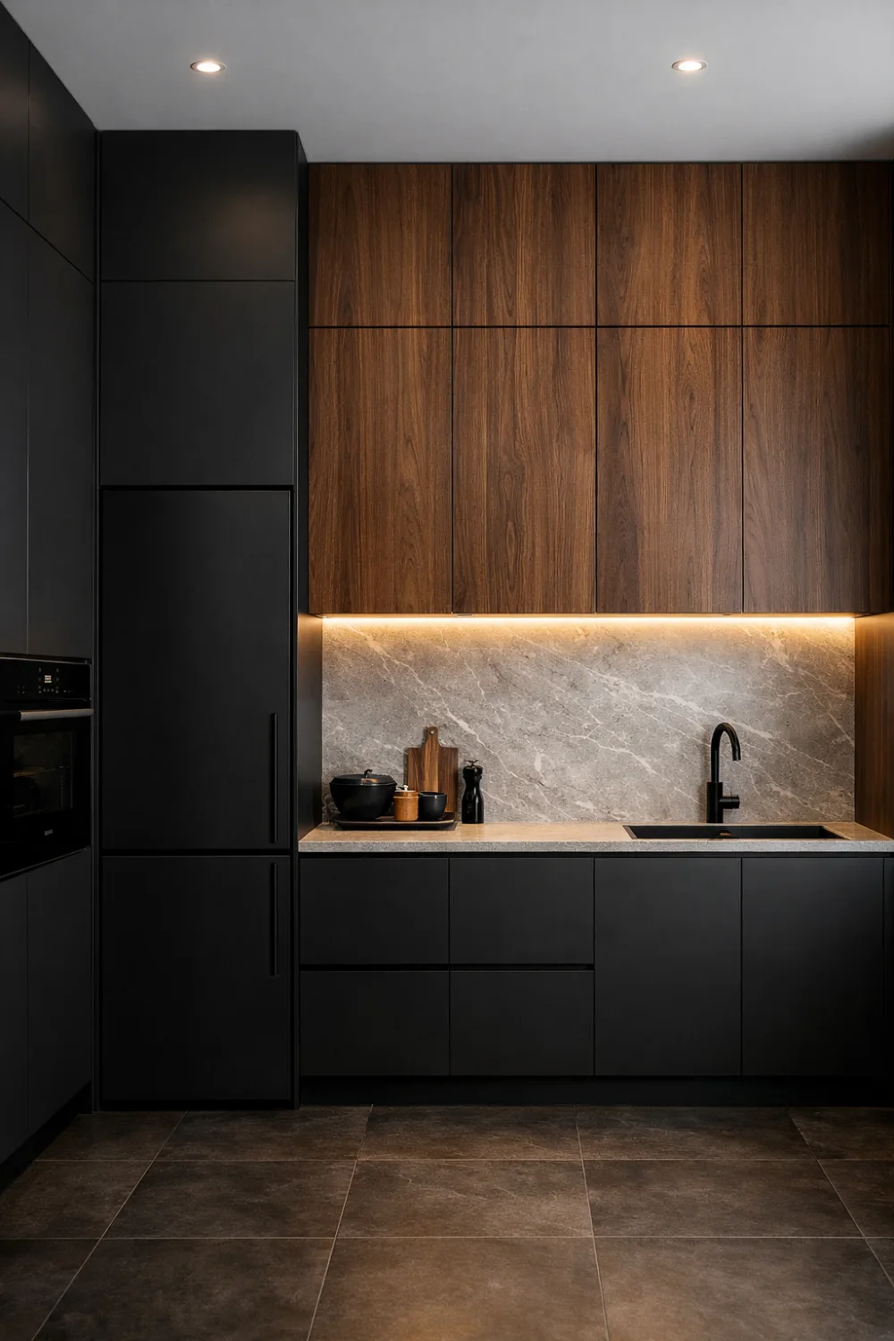 Modern dark wood and matte black kitchen with marble backsplash, minimalist cabinets, under cabinet lighting and luxury contemporary interior design