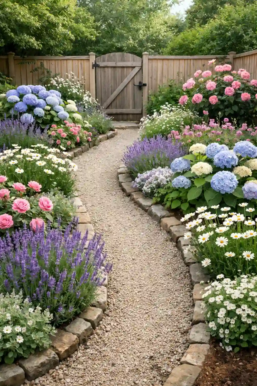 curved gravel path cottage garden with lavender roses hydrangeas and wooden gate backyard landscaping idea