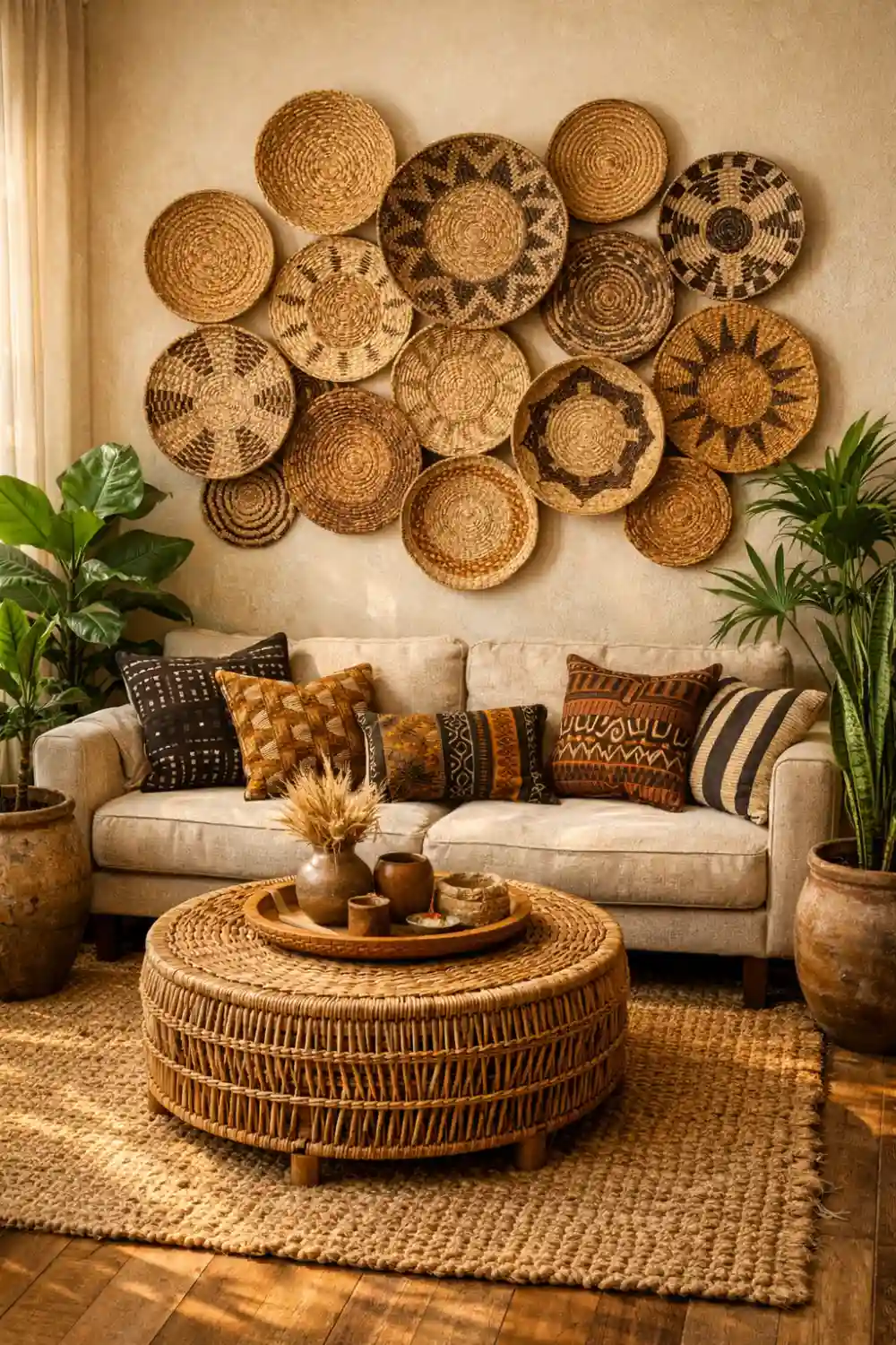 Afrohemian living room with woven basket wall decor, neutral sofa, mudcloth pillows, jute rug and rattan coffee table in earthy boho style