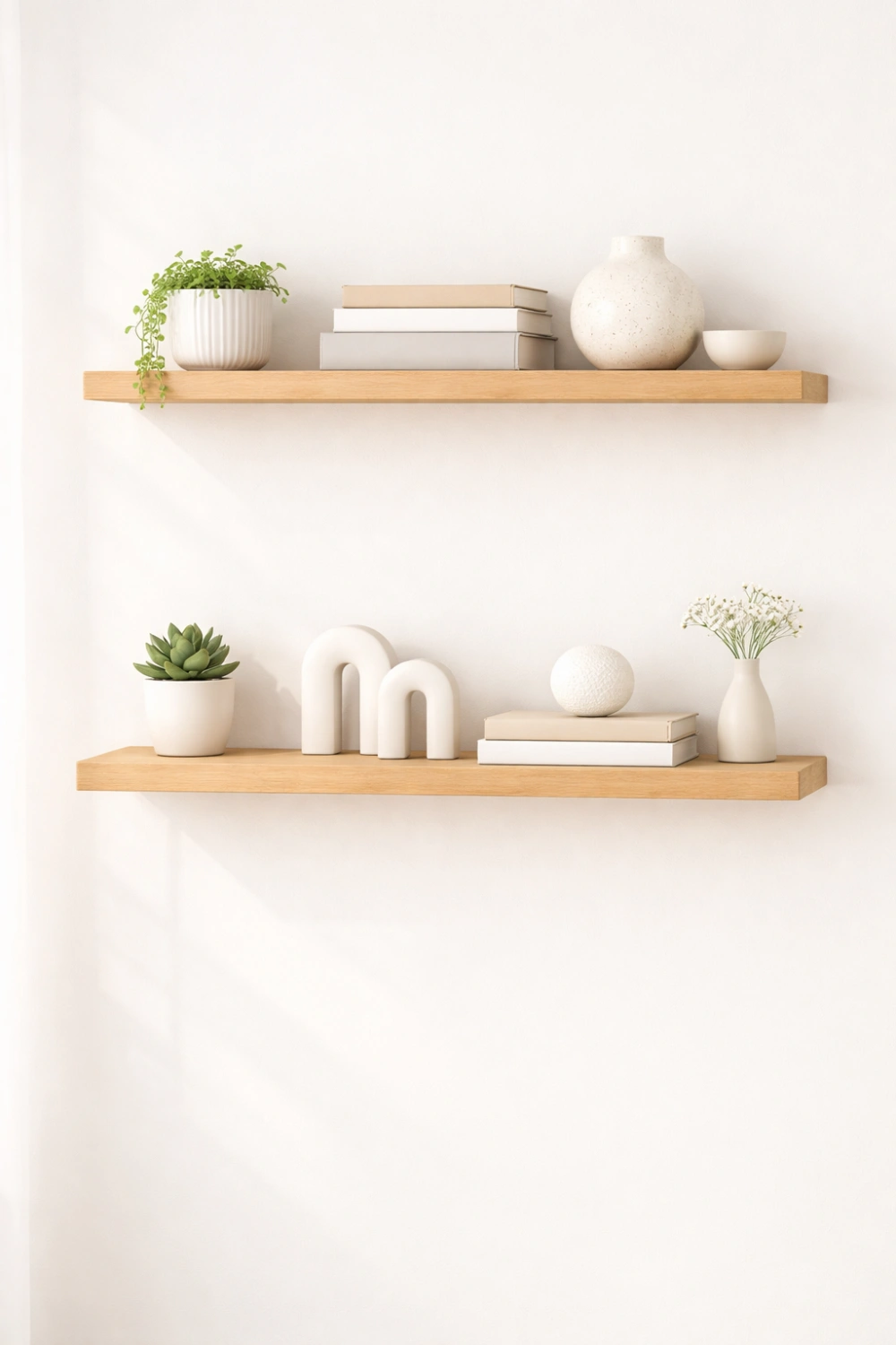 minimal floating shelves decor with plants and neutral styling