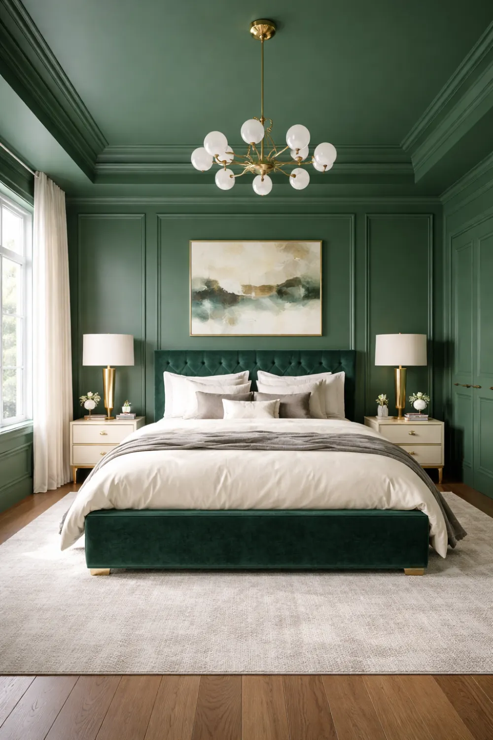 emerald green color drenched bedroom with gold accents and velvet bed luxury interior