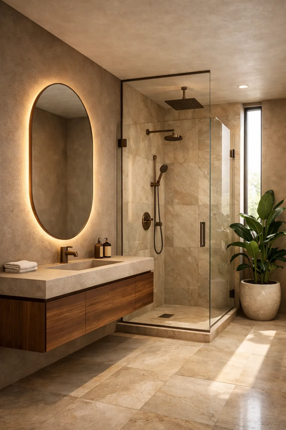 small spa bathroom with floating vanity glass shower warm tones modern design