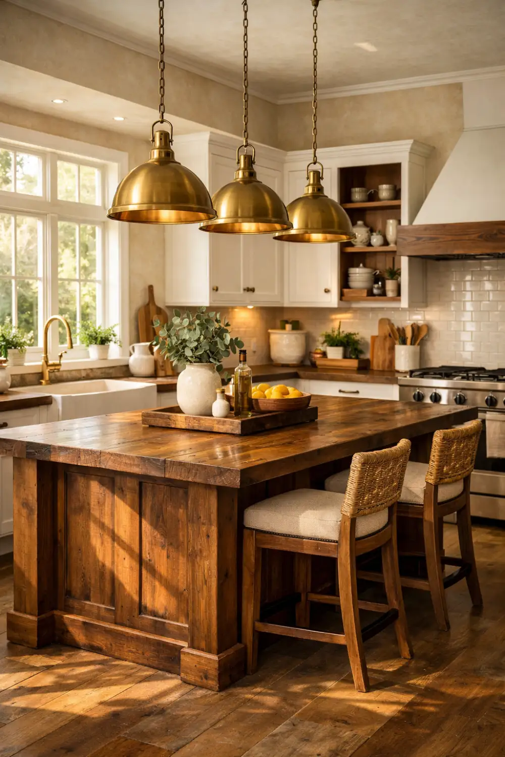 rustic farmhouse kitchen with wooden island brass pendant lights warm cozy design