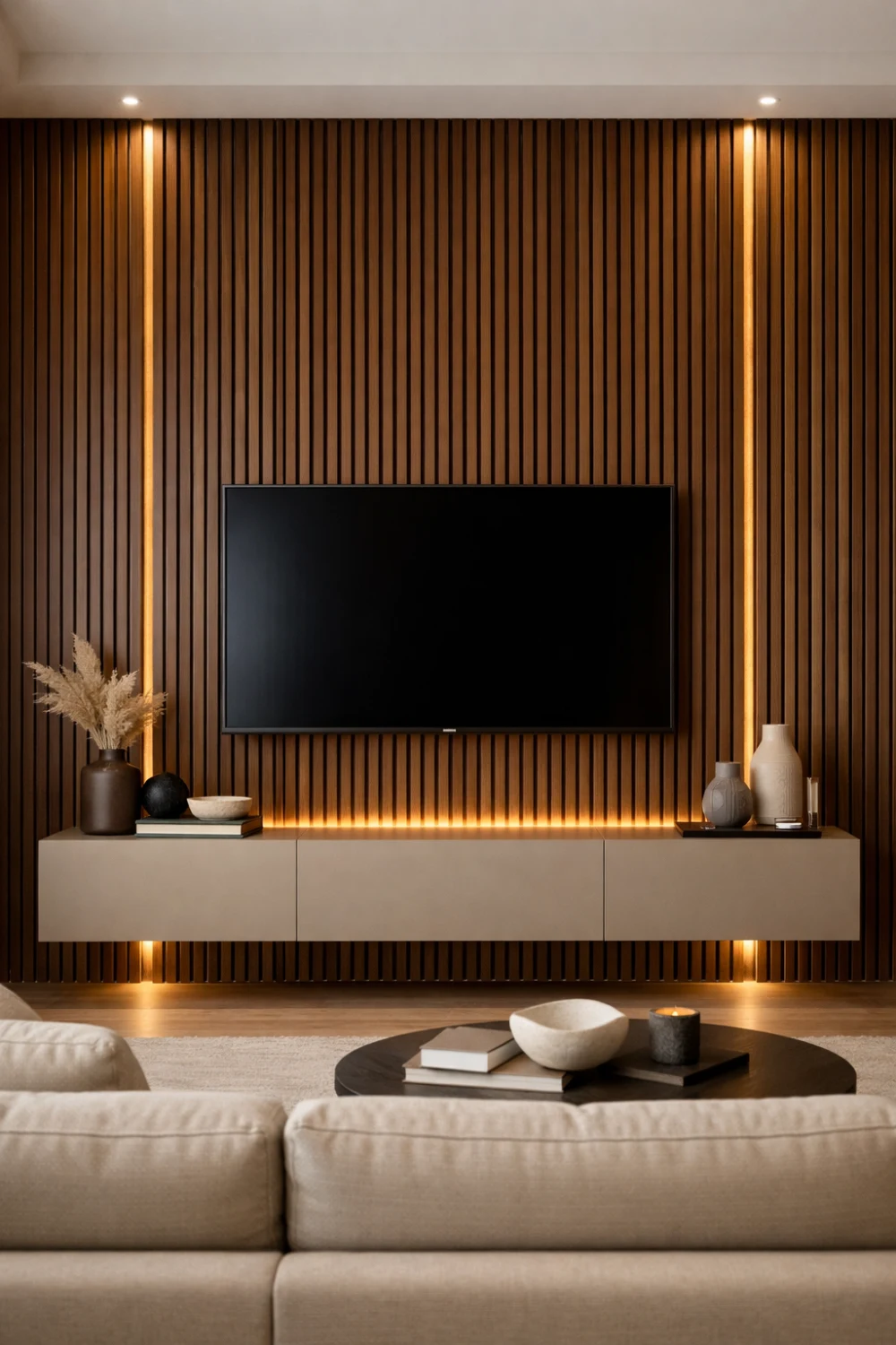 Modern wood slat LED TV wall design with vertical panels and floating console creating a warm contemporary living room focal point