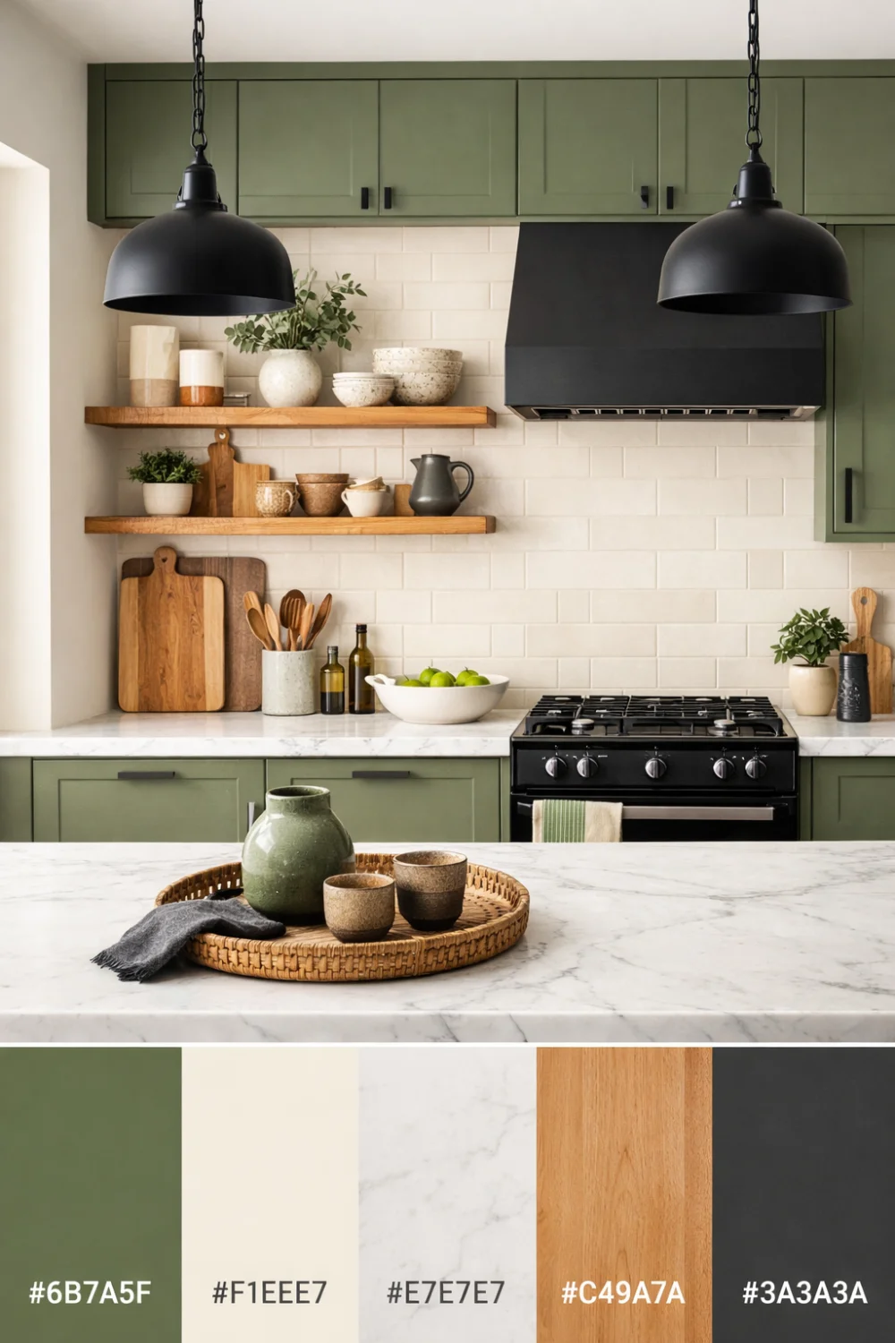 olive green kitchen color palette with cream marble wood and charcoal modern kitchen decor