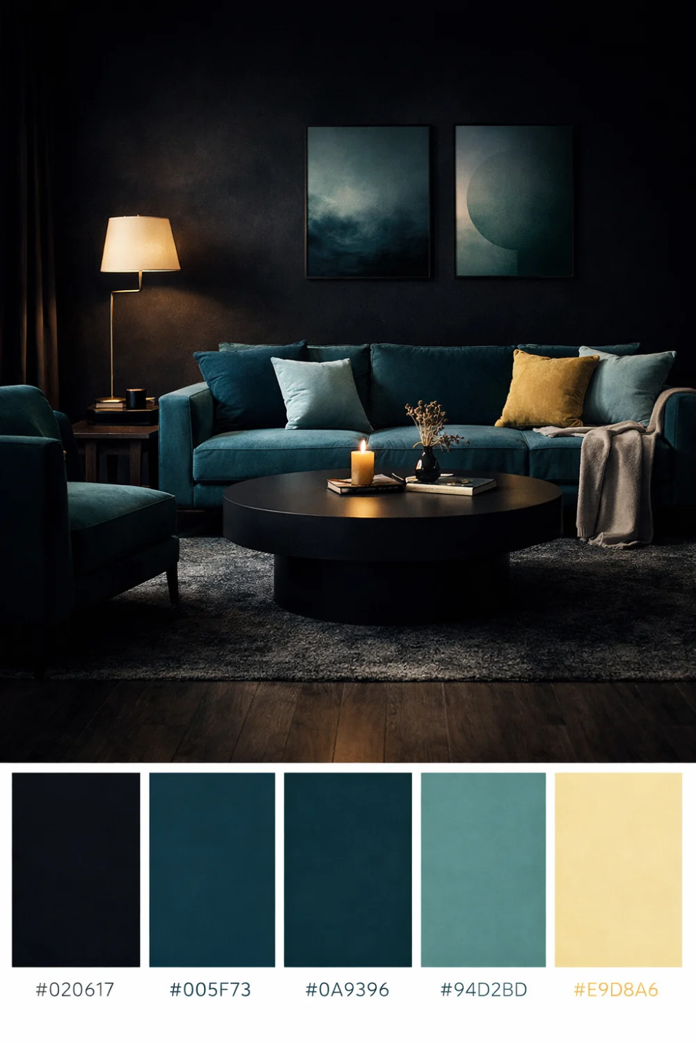 midnight tide ocean color palette dark teal navy living room moody coastal interior inspiration