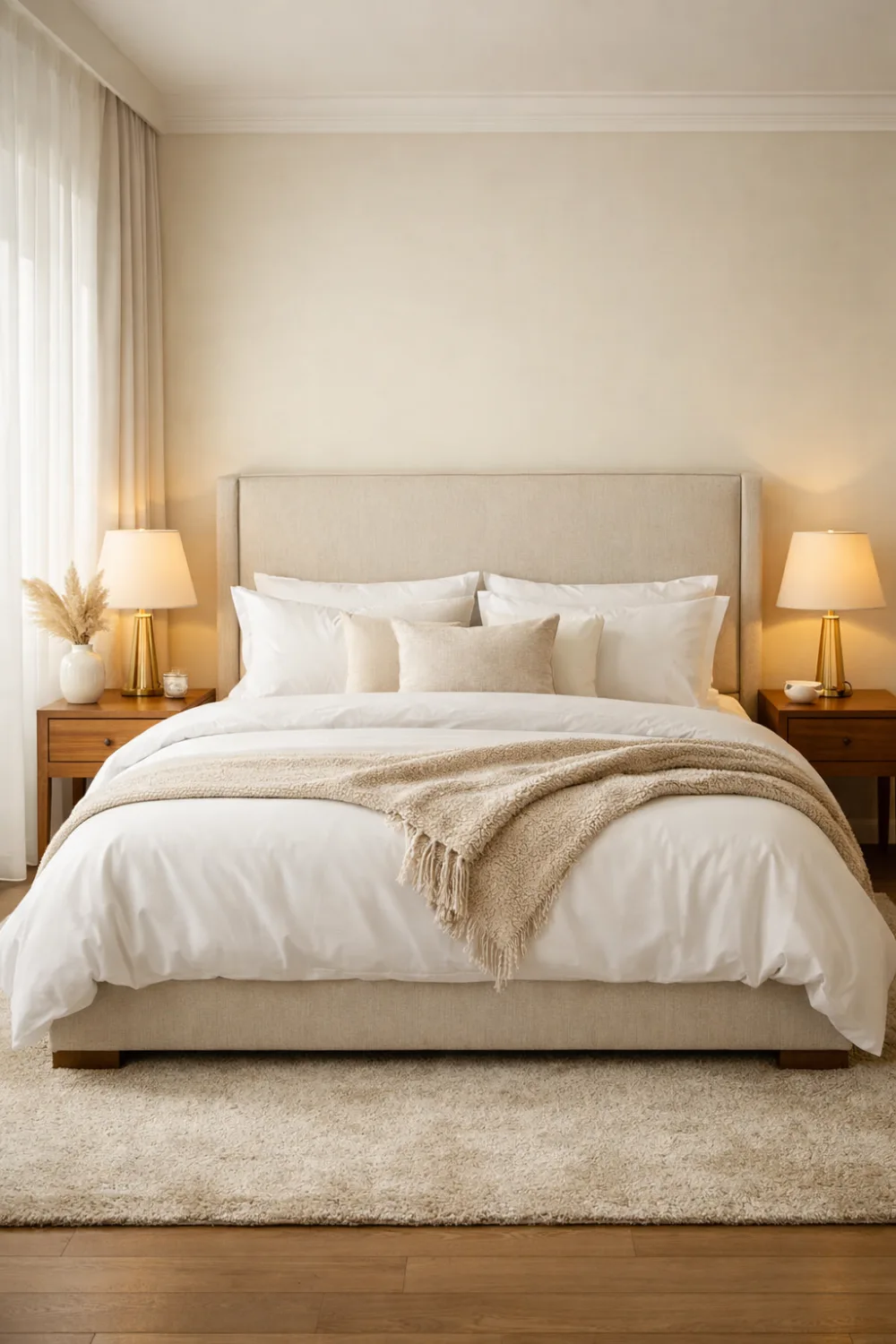 classic neutral hotel style bedroom with beige bedding luxury bedroom decor inspiration