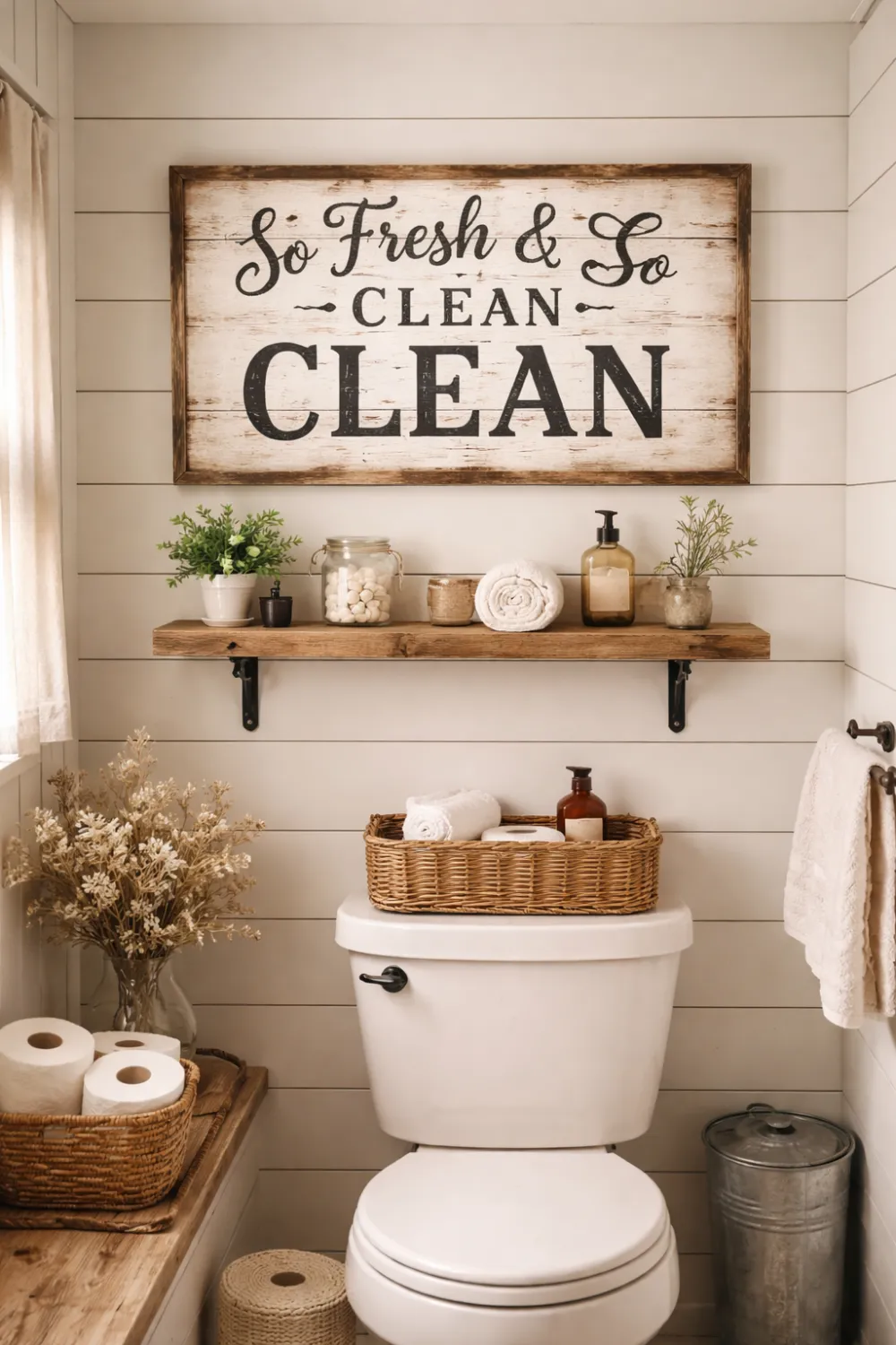 vintage bathroom wall sign decor above toilet farmhouse style bathroom with rustic wood sign