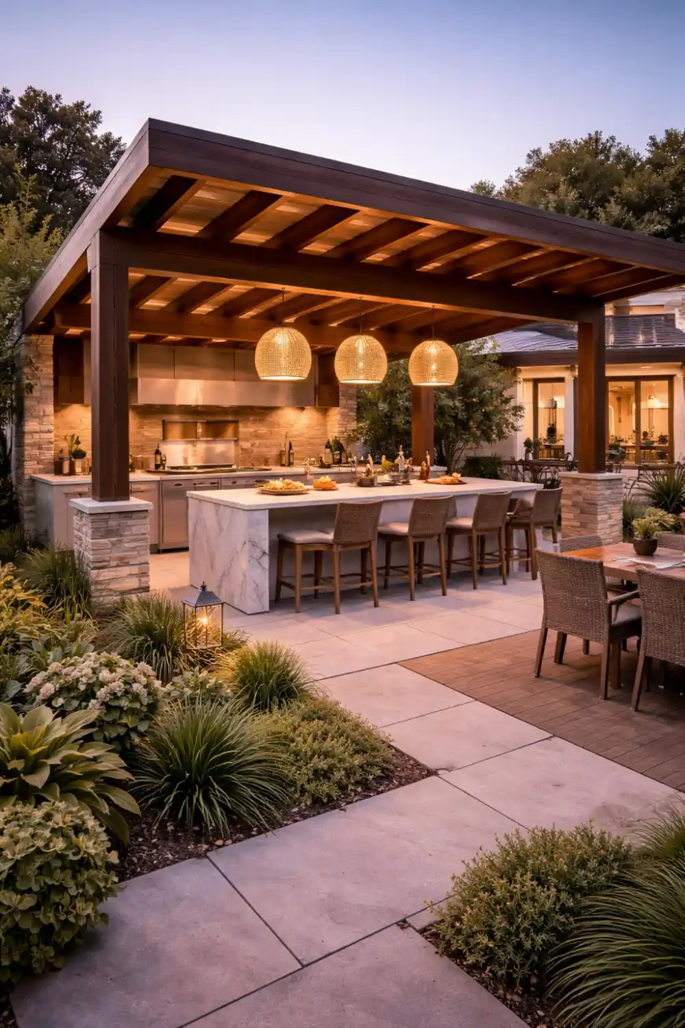 modern outdoor kitchen patio with pergola roof, marble island counter and backyard bar seating