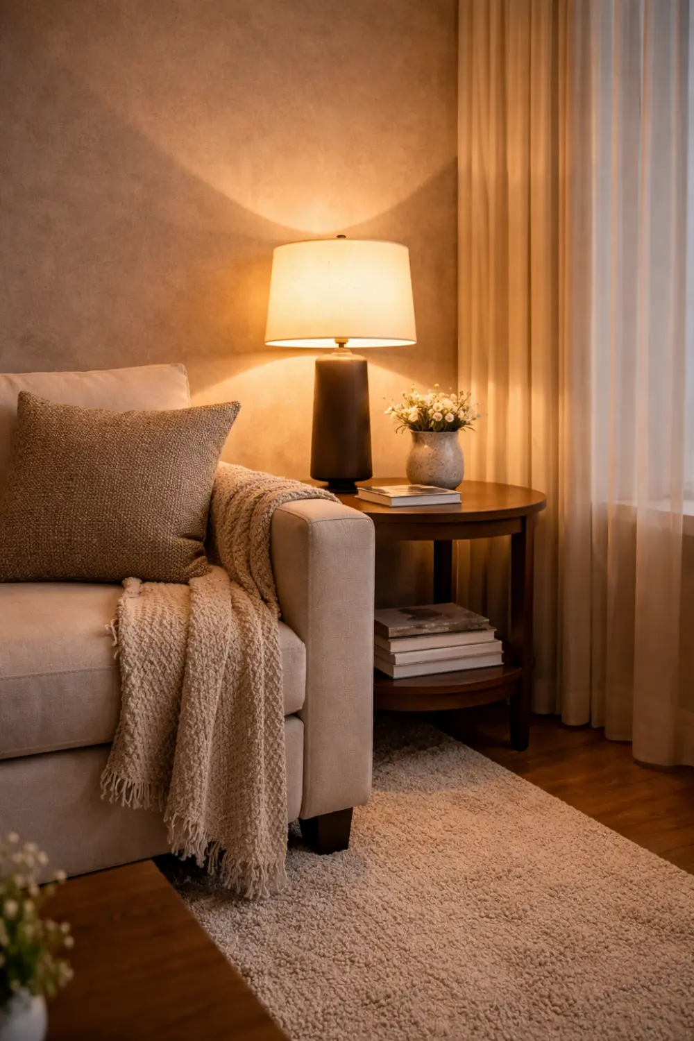 cozy corner lamp lighting idea with linen lampshade and warm ambient lighting