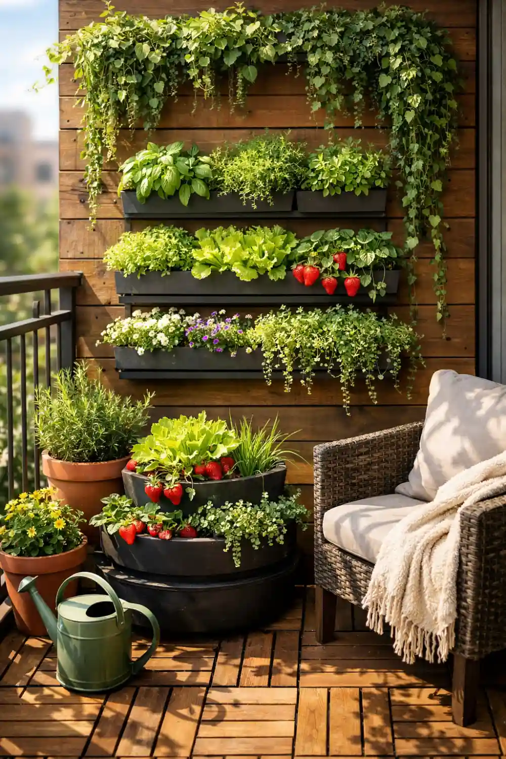 Vertical wall container garden with layered planters growing herbs lettuce strawberries and greenery on a wooden balcony wall.