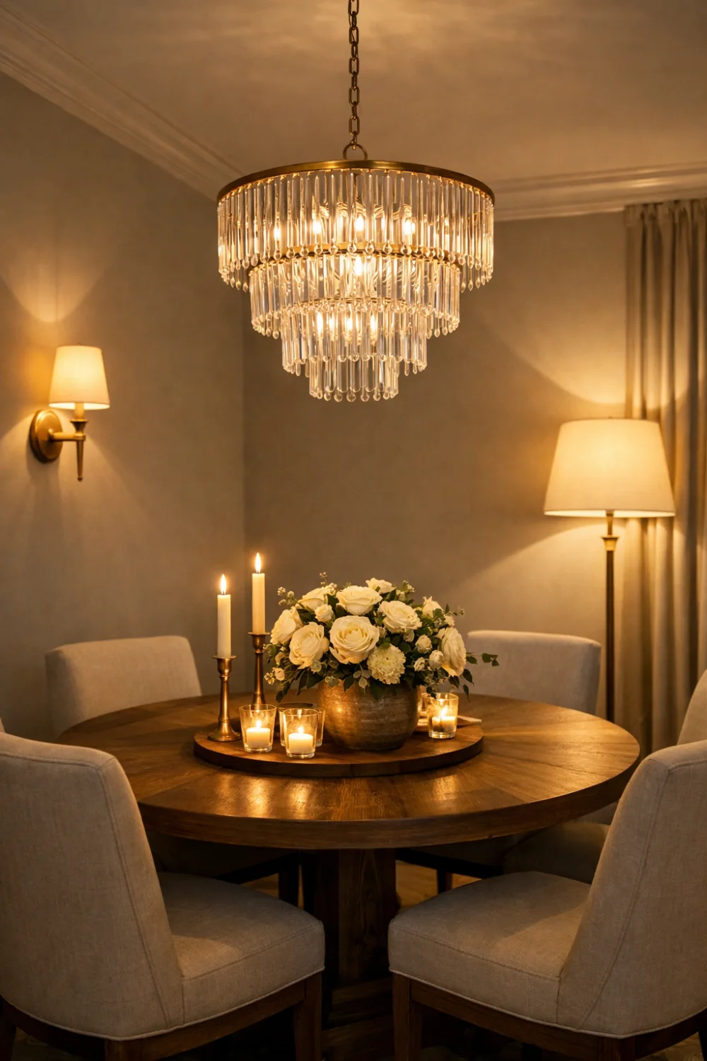 Cozy dining room with warm chandelier lighting, round wooden table, candles, and floral centerpiece creating an intimate dining atmosphere.
