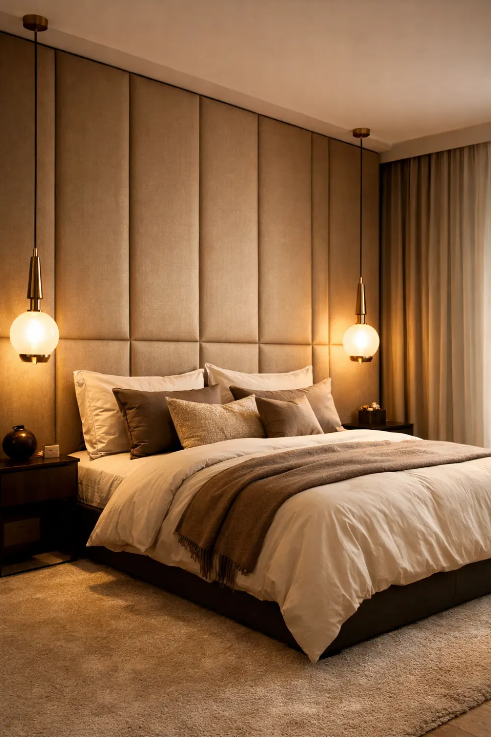 Modern panel accent wall bedroom idea for couples with pendant lights