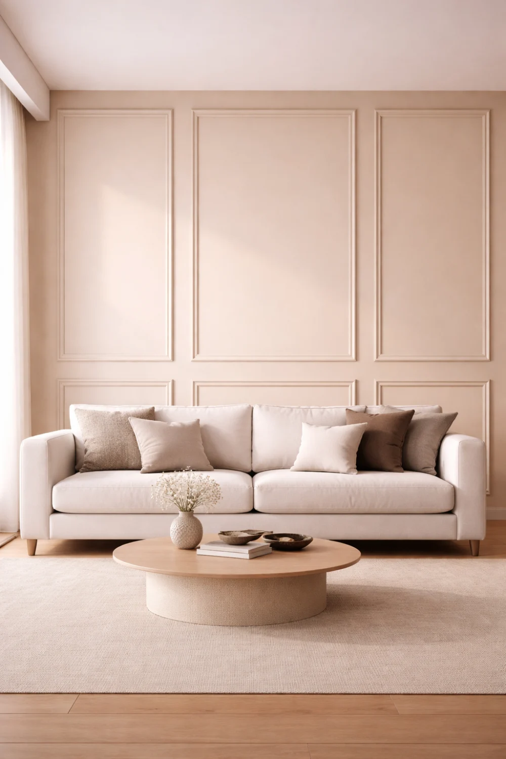 Modern living room with classic wall molding panels behind a neutral sofa, elegant beige tones and refined interior styling.