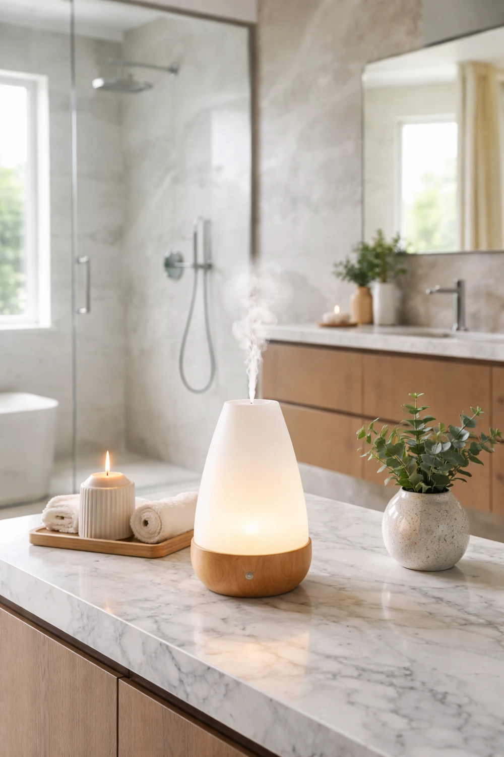 Aroma diffuser on marble vanity with candle and plant in relaxing spa bathroom decor