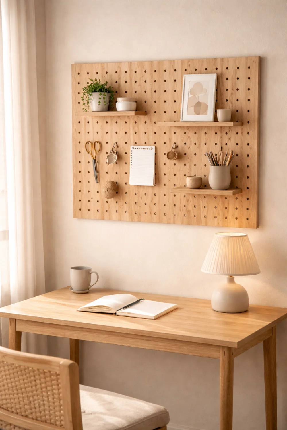 Wooden pegboard wall organizer above a desk with hooks shelves plants and stationery creating a stylish and organized workspace decor setup.