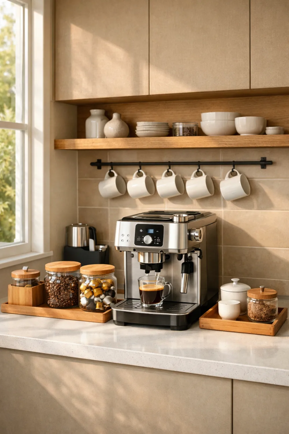 Modern kitchen coffee station with espresso machine, hanging mugs, and organized jars on a clean marble countertop.