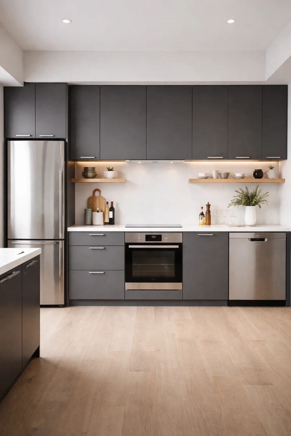 Minimalist grey modern kitchen with floating shelves, stainless appliances and sleek contemporary cabinets