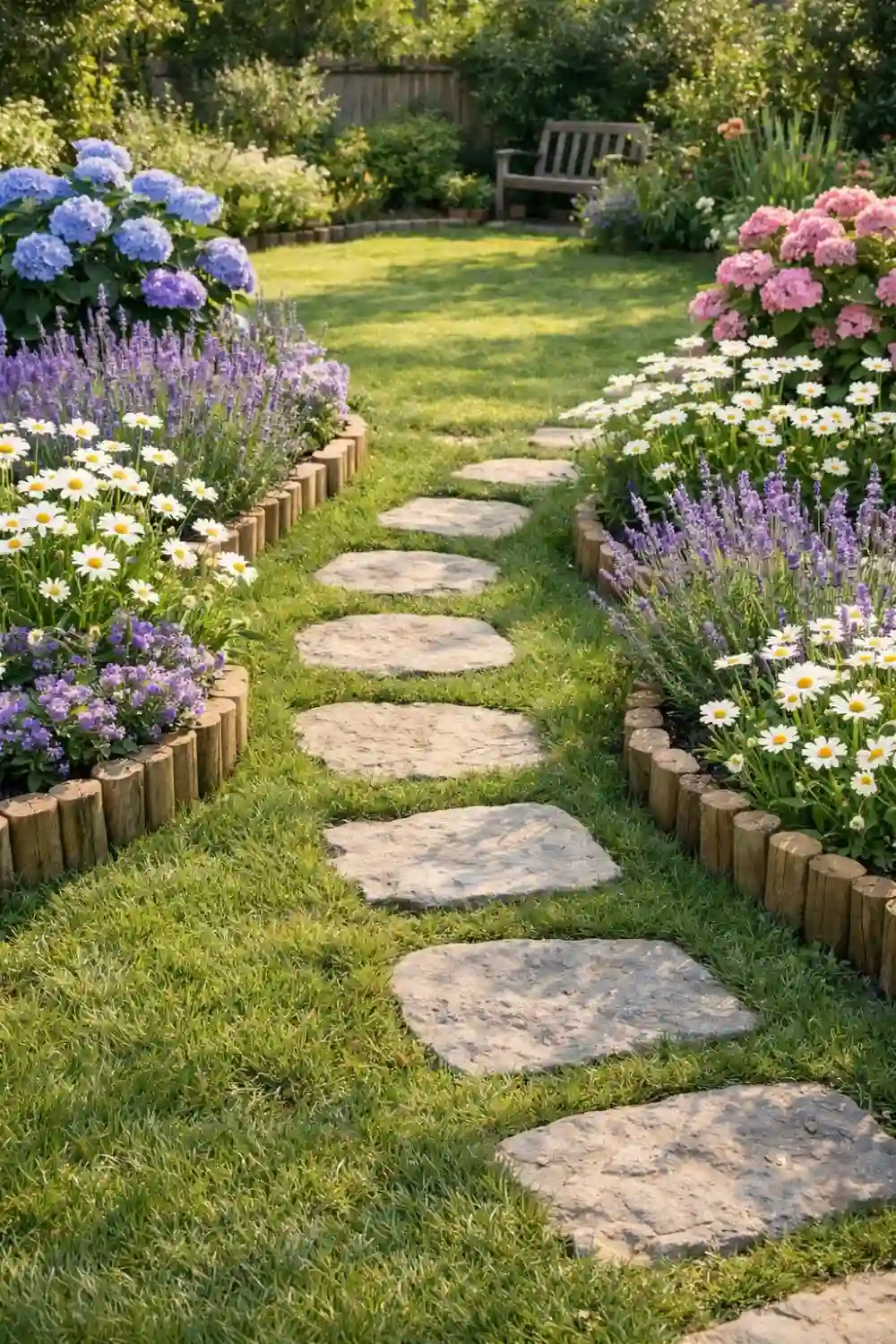 stepping stone cottage garden path with hydrangeas lavender daisies and green lawn backyard