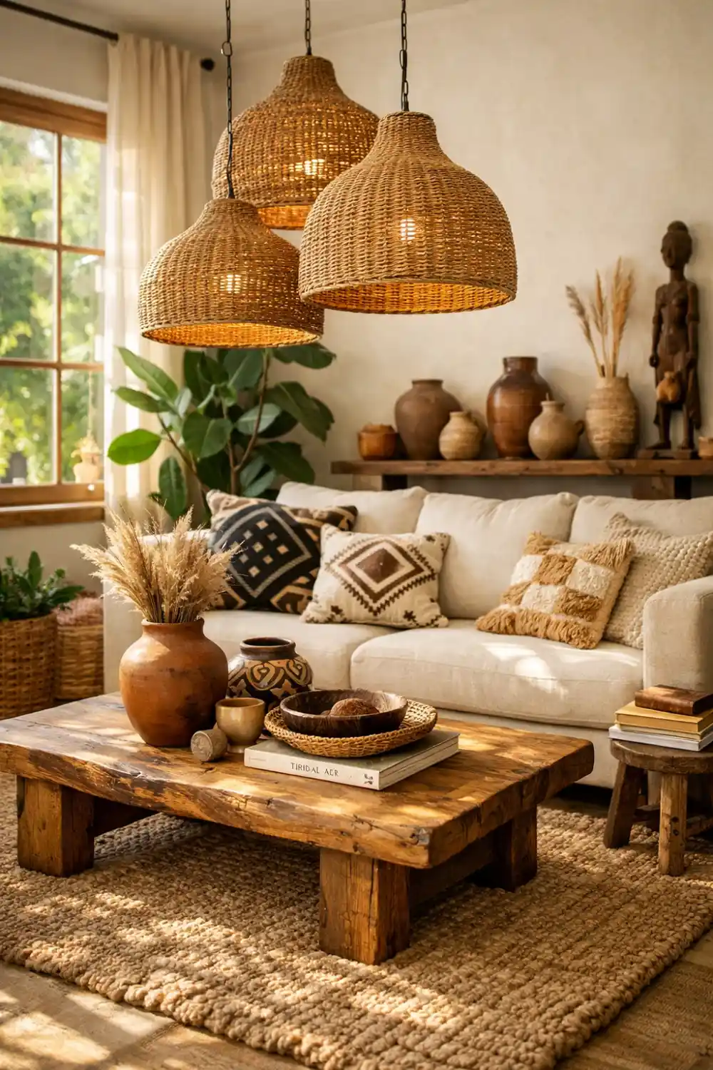 Afrohemian living room with woven rattan pendant lights, wooden coffee table and neutral sofa