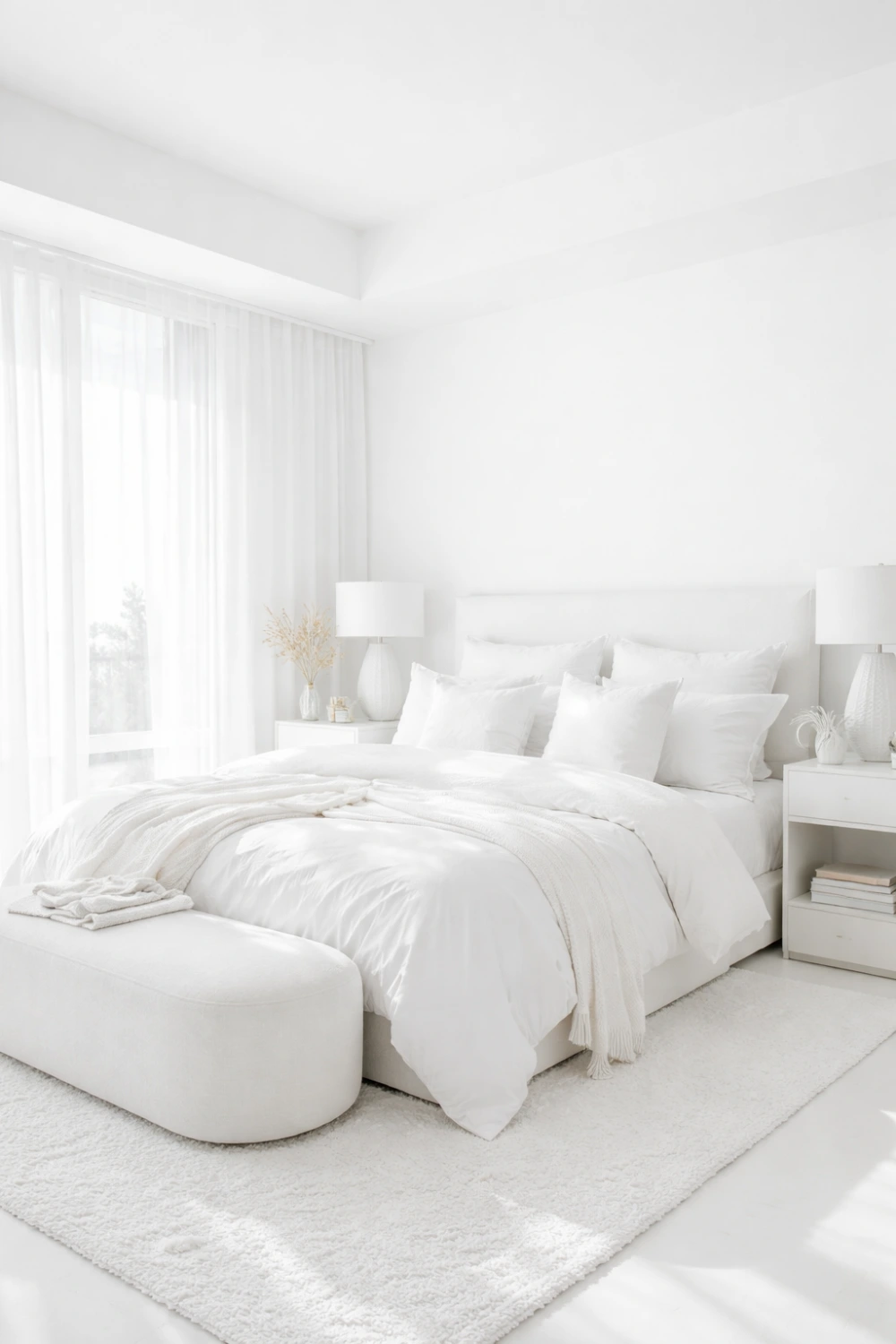 all white color drenched bedroom with bright airy interior and soft textures
