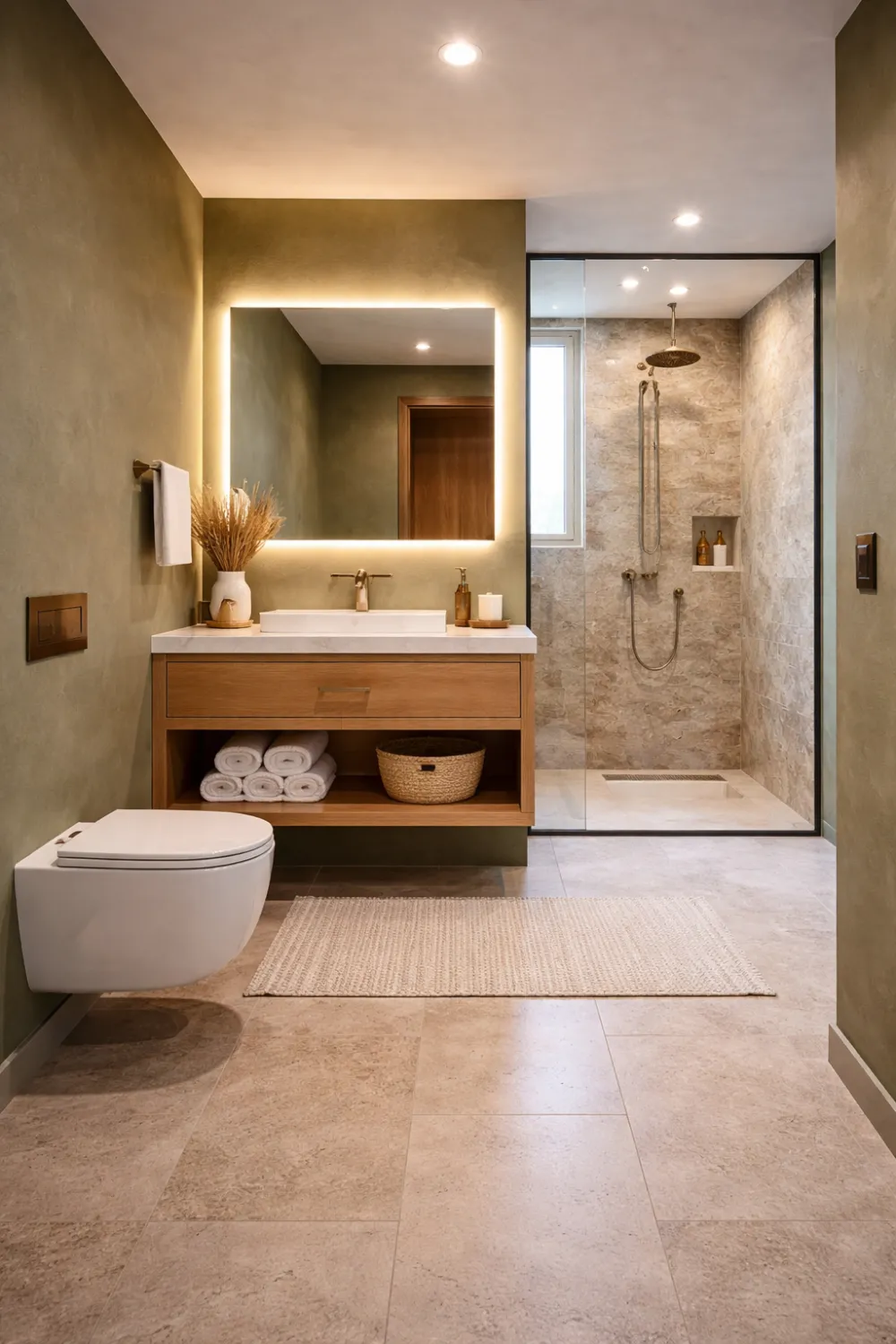 olive green bathroom wood vanity glass shower warm modern small design