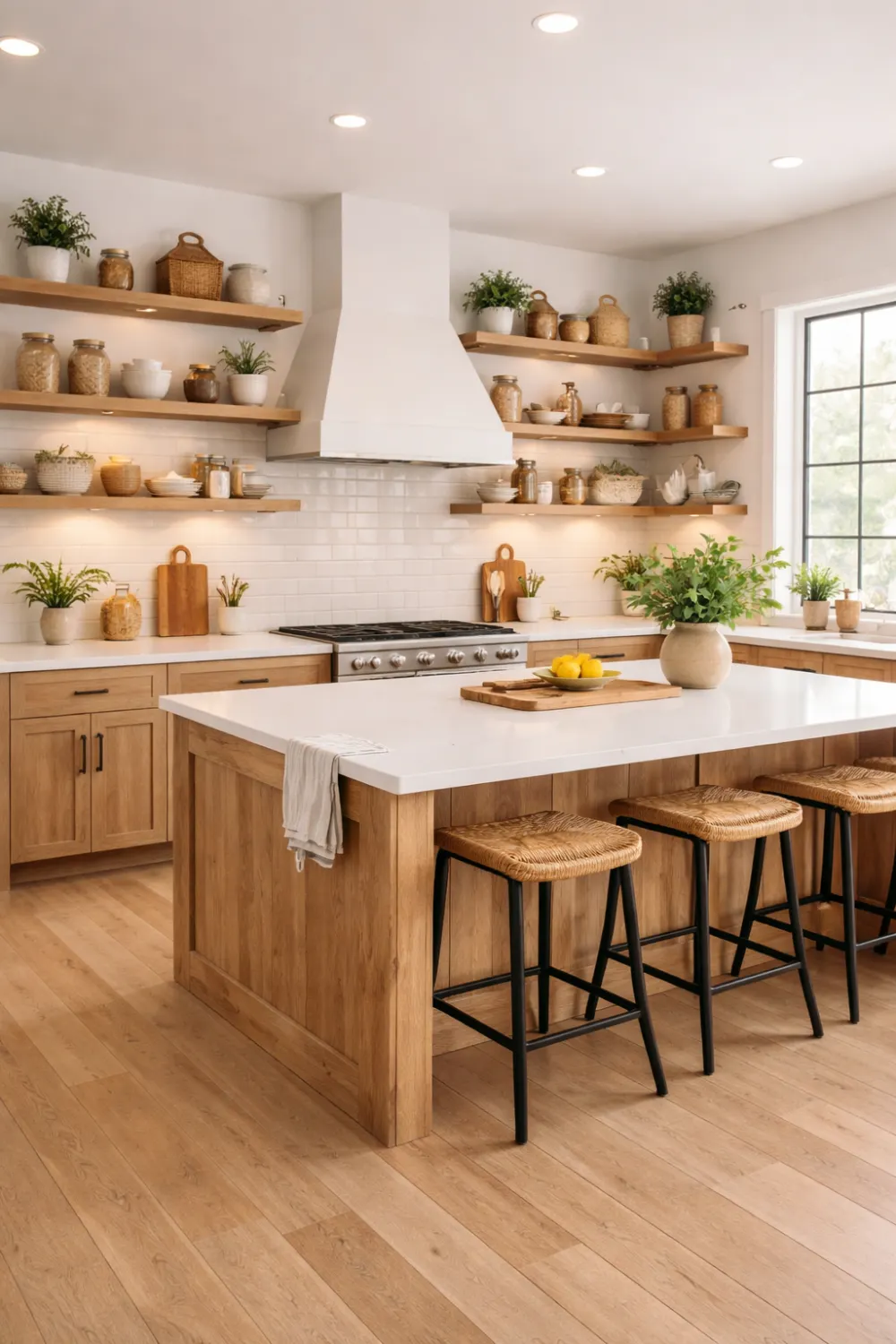 open shelving farmhouse kitchen wood cabinets jars decor bright cozy design