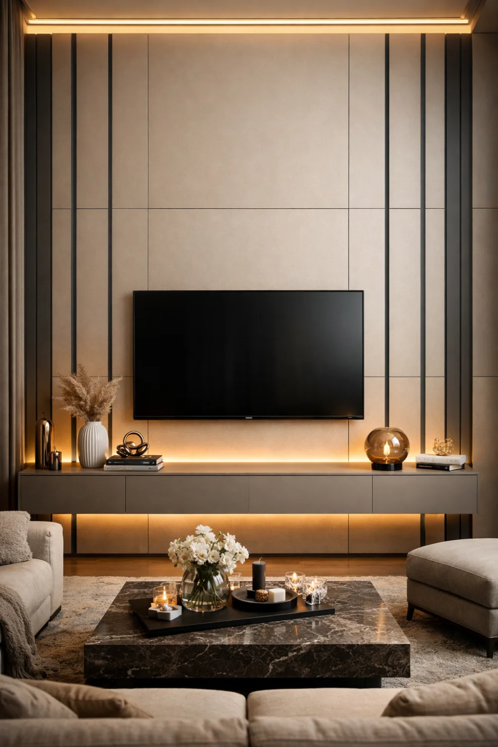 Modern geometric panel TV wall with warm LED lighting and floating cabinet creating a sleek contemporary living room