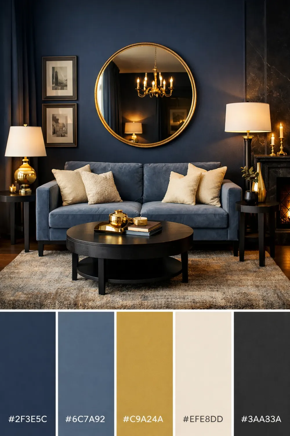 navy blue living room color palette with gold accents cream and charcoal luxury interior design