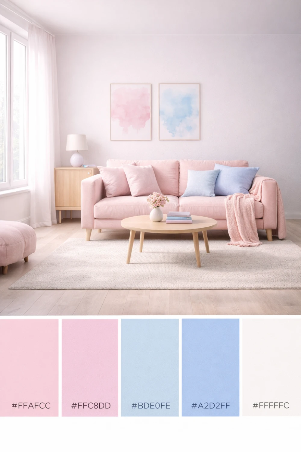 pastel ocean color palette pink blue living room soft coastal decor inspiration