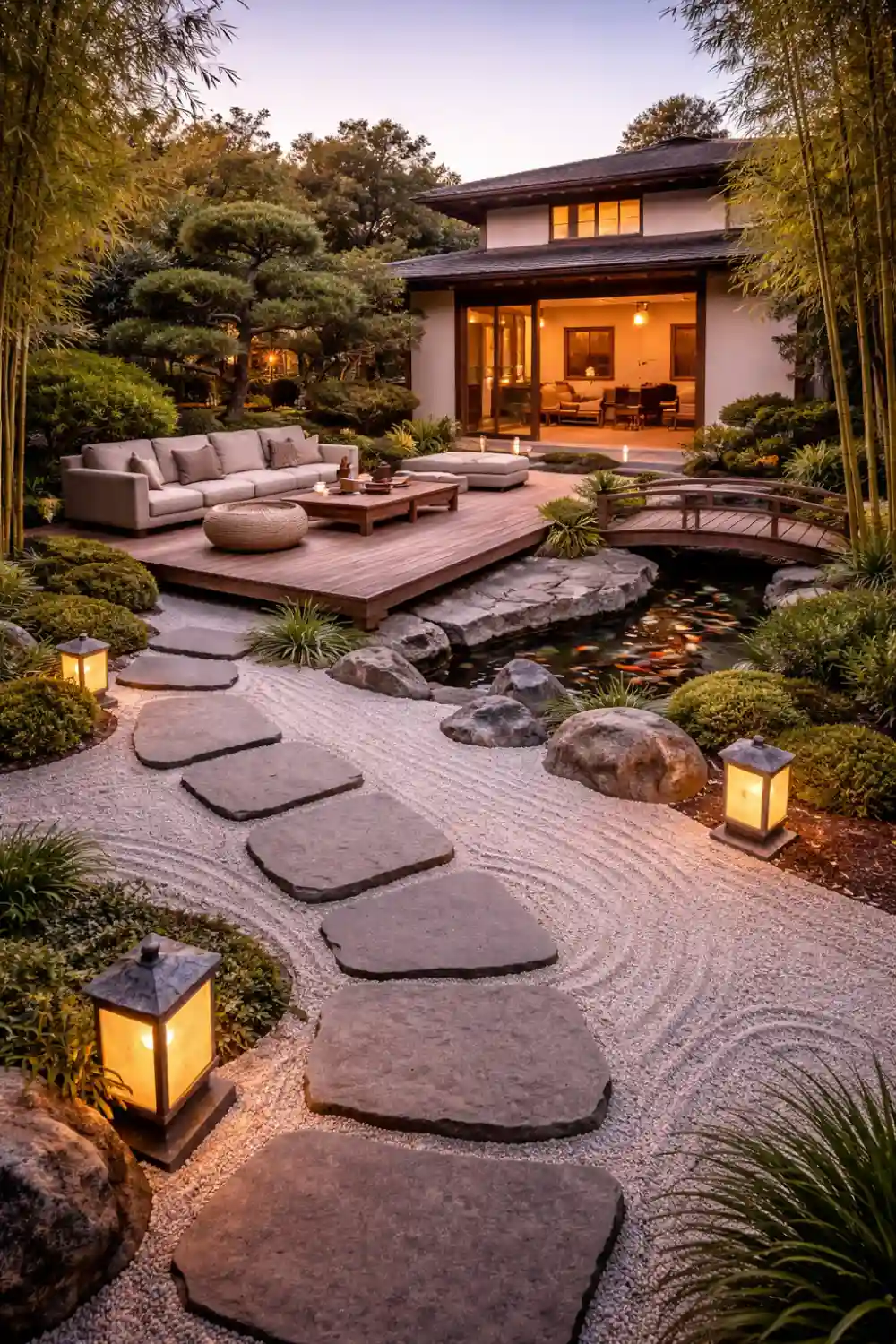japanese zen garden backyard with stone path, koi pond and wooden deck seating area