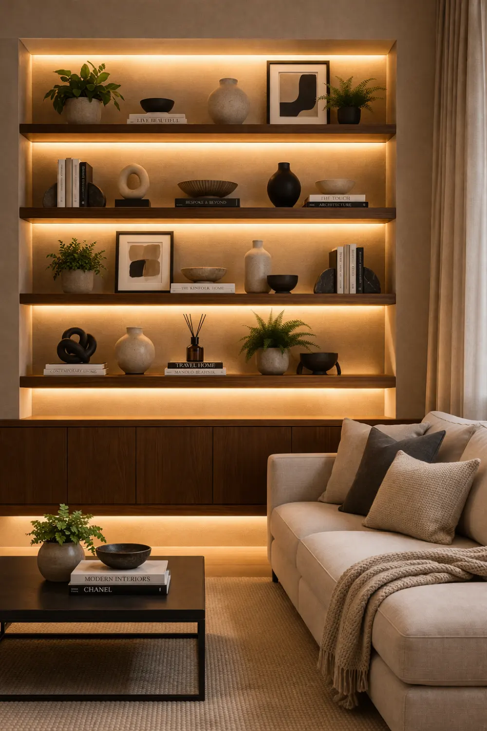 built in shelves lighting idea with warm led strip lights illuminating decor
