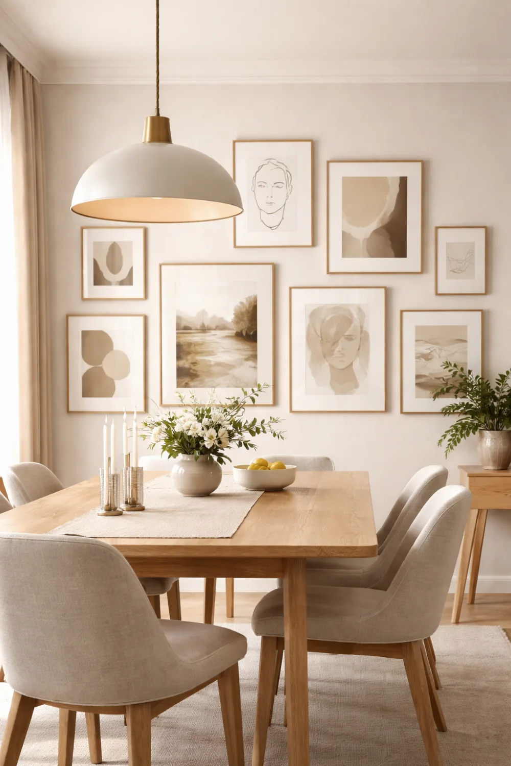 Modern dining room with gallery wall art above a wooden dining table, neutral decor, pendant lighting, and cozy minimalist interior styling.