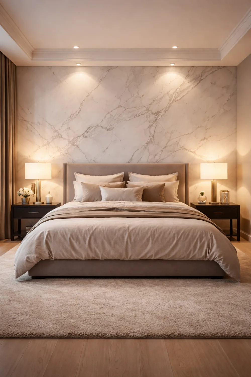 Marble accent wall romantic bedroom idea for couples with luxury décor