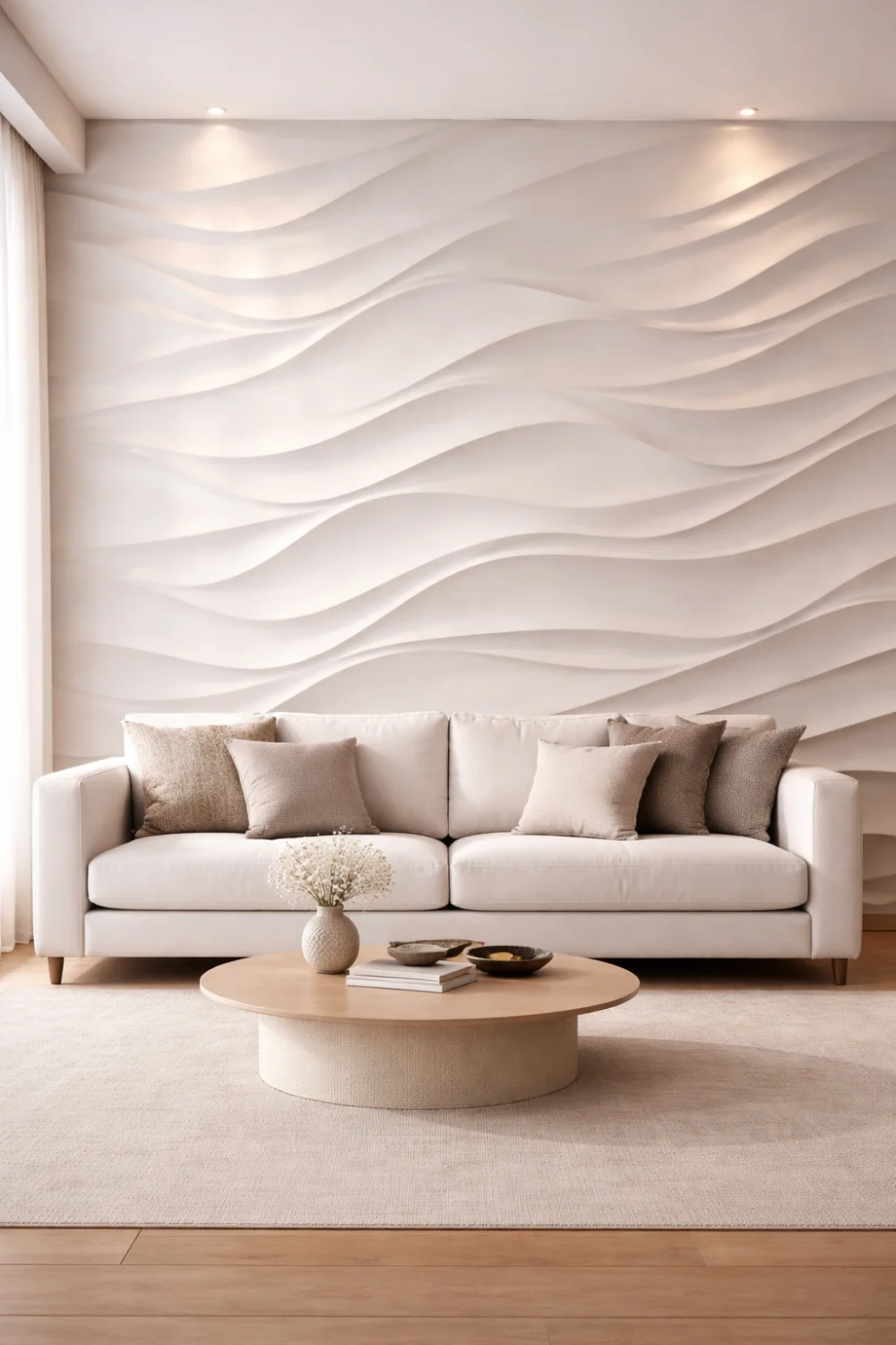 Modern living room with sculpted wave texture accent wall behind a neutral sofa, soft lighting highlighting the flowing wall design.