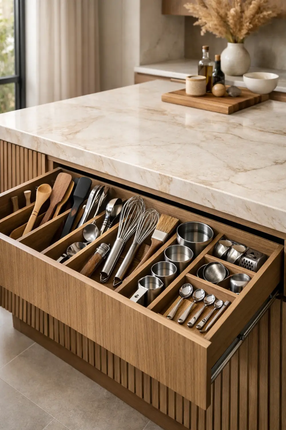 Kitchen island drawer organizer neatly storing spatulas, whisks, measuring cups, and cooking tools in wooden compartments.