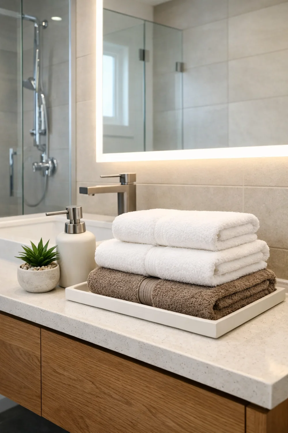 Folded spa towels on tray with soap dispenser and plant on modern bathroom vanity Folded spa towels on tray with soap dispenser and plant on modern bathroom vanity